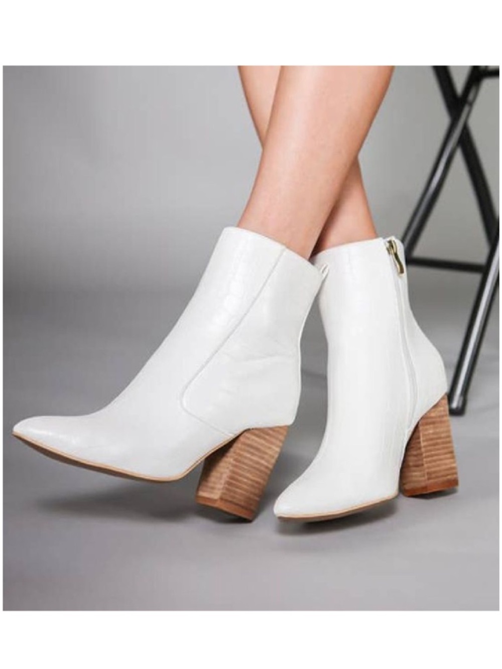 CCOCCI White Leather Croc Textured Pointed Bootie with Stacked Wood Heel